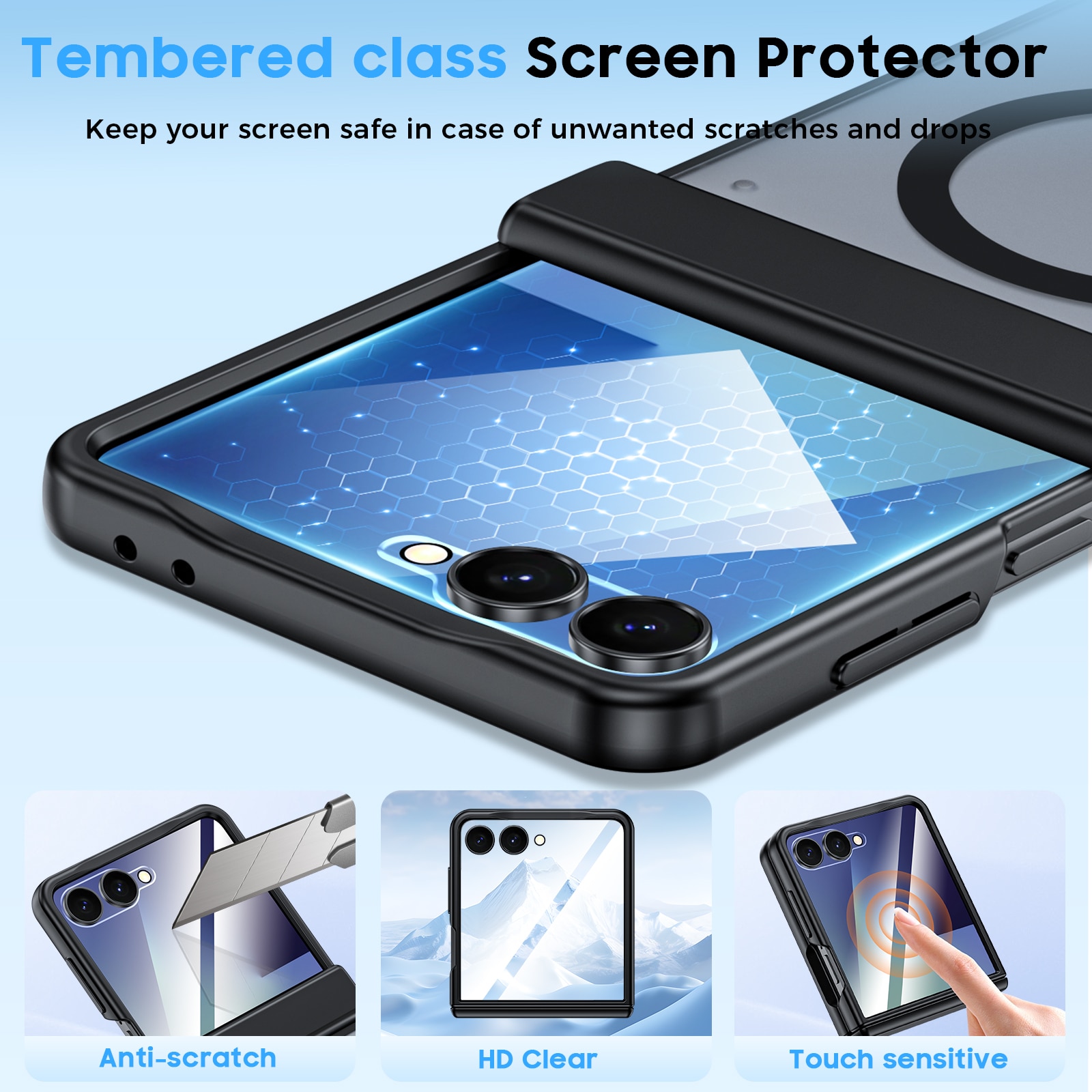 Husa pentru Samsung Galaxy Z Flip 7, compatibila MagSafe, protectie balama, folie sticla inclusa, antisoc, anti-zgarieturi, negru