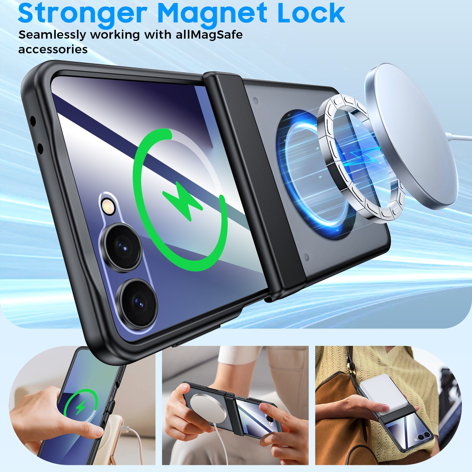 Husa pentru Samsung Galaxy Z Flip 7, compatibila MagSafe, protectie balama, folie sticla inclusa, antisoc, anti-zgarieturi, negru