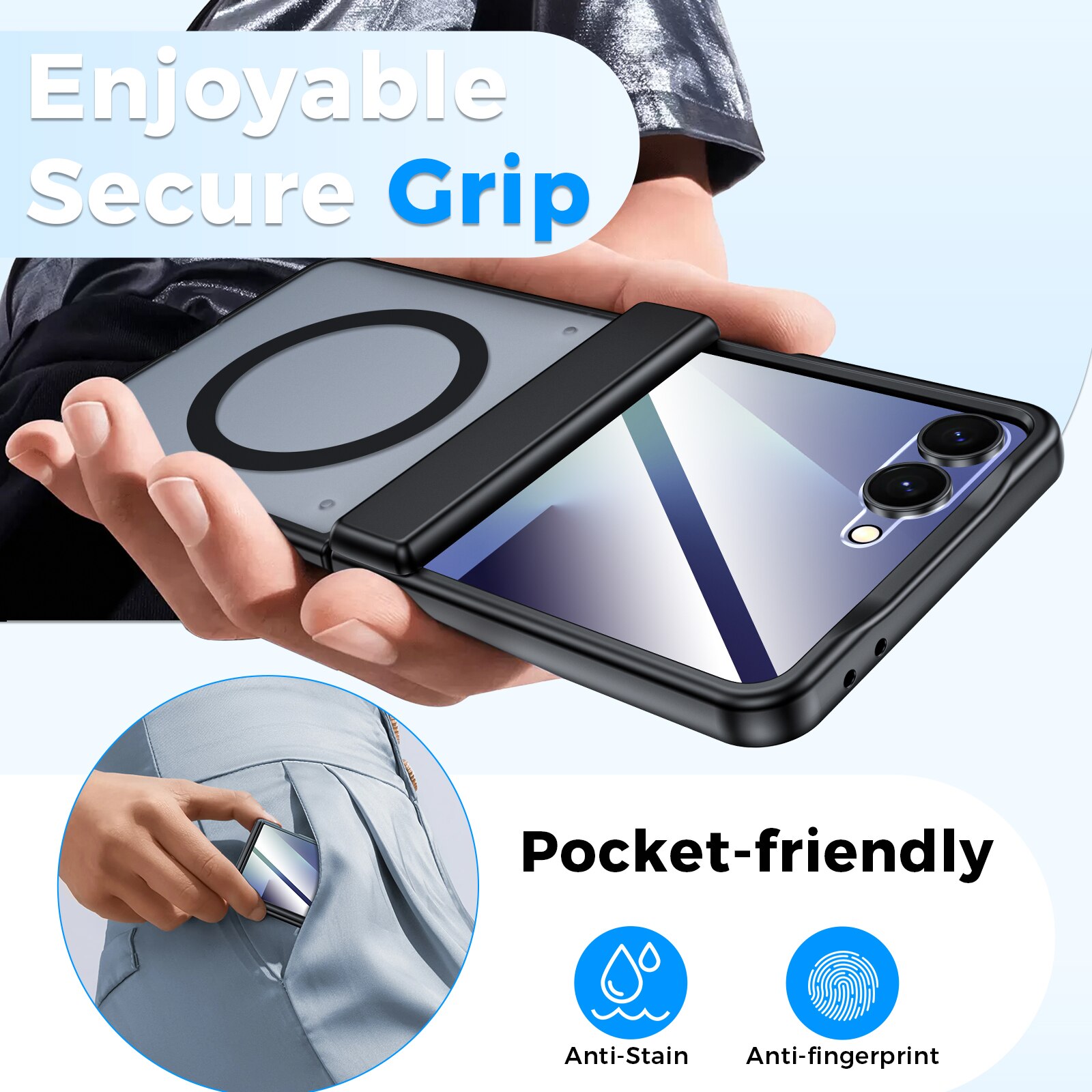 Husa pentru Samsung Galaxy Z Flip 7, compatibila MagSafe, protectie balama, folie sticla inclusa, antisoc, anti-zgarieturi, negru