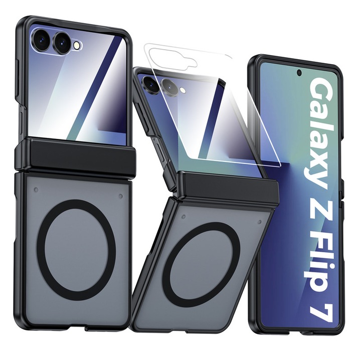 Husa pentru Samsung Galaxy Z Flip 7, compatibila MagSafe, protectie balama, folie sticla inclusa, antisoc, anti-zgarieturi, negru