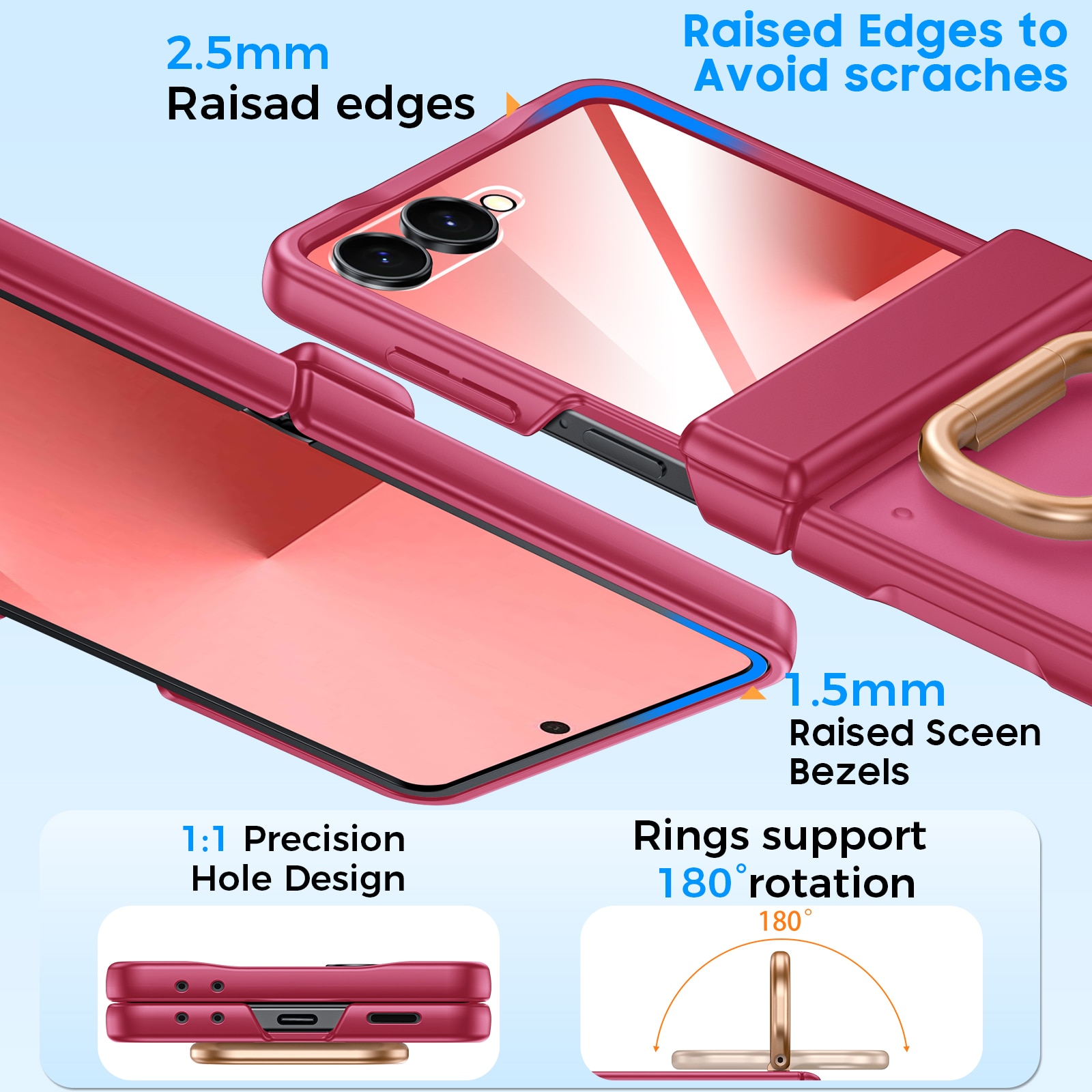 Husa pentru Samsung Galaxy Z Flip 7, inel suport, design subtire, folie protectie ecran, anti-soc, semitransparenta mata, Rose Red