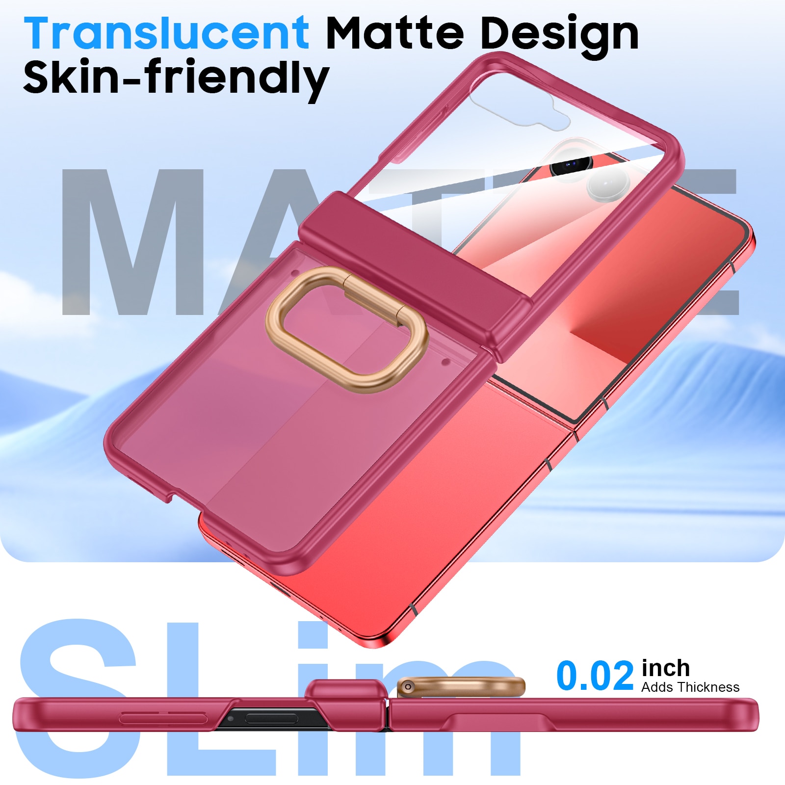 Husa pentru Samsung Galaxy Z Flip 7, inel suport, design subtire, folie protectie ecran, anti-soc, semitransparenta mata, Rose Red