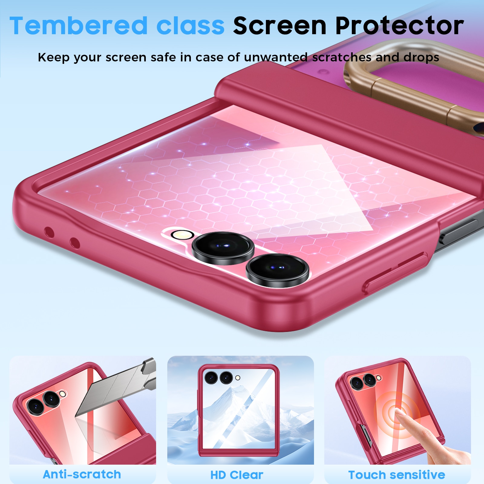 Husa pentru Samsung Galaxy Z Flip 7, inel suport, design subtire, folie protectie ecran, anti-soc, semitransparenta mata, Rose Red