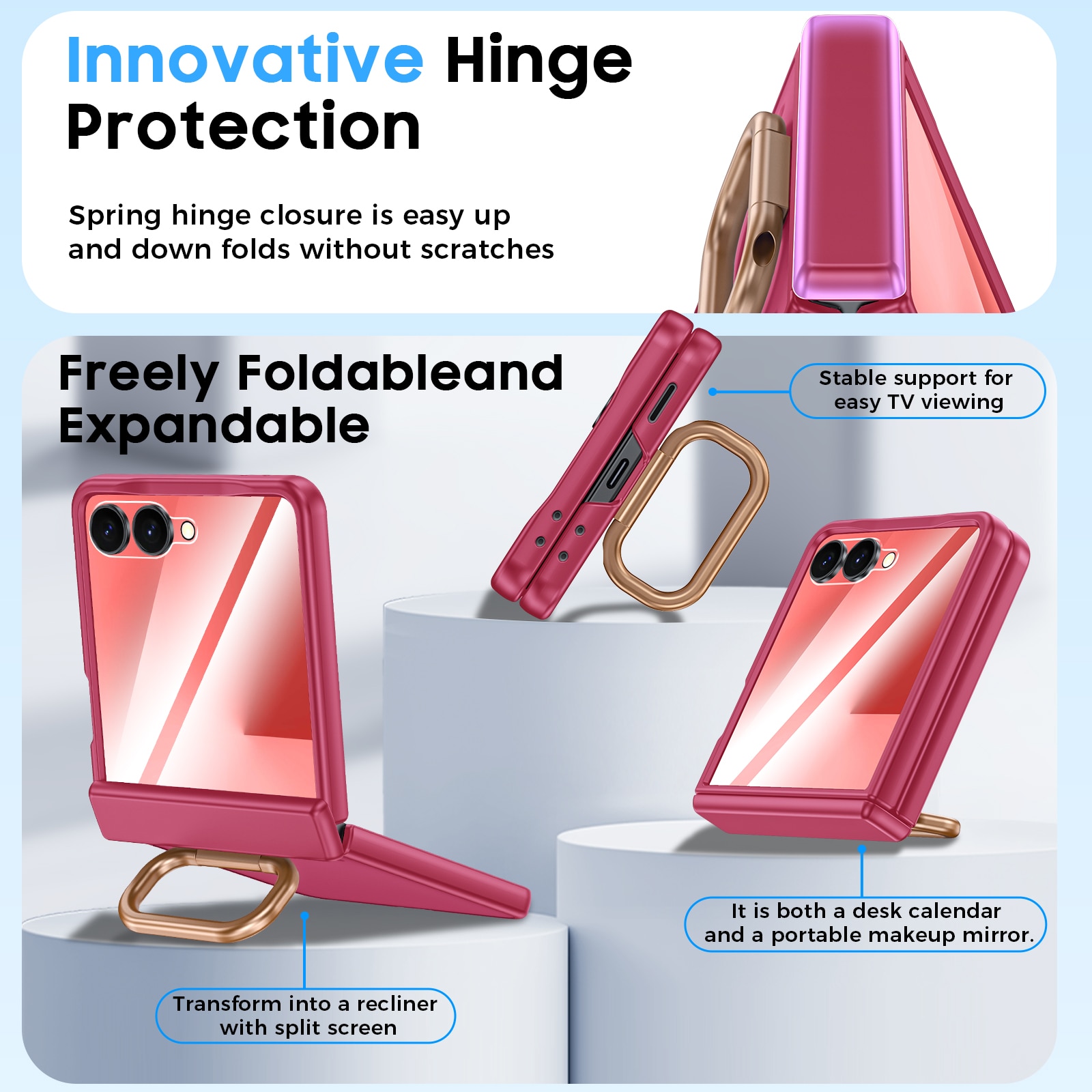 Husa pentru Samsung Galaxy Z Flip 7, inel suport, design subtire, folie protectie ecran, anti-soc, semitransparenta mata, Rose Red
