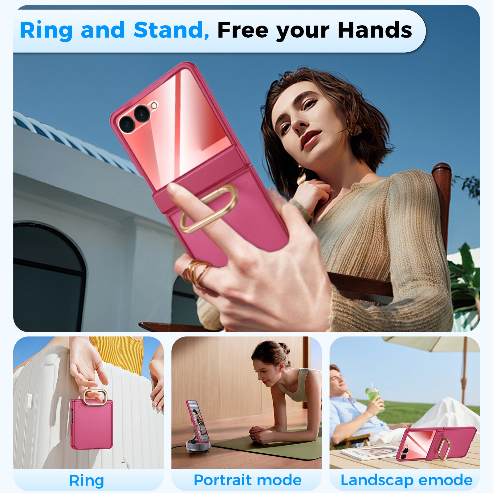Husa pentru Samsung Galaxy Z Flip 7, inel suport, design subtire, folie protectie ecran, anti-soc, semitransparenta mata, Rose Red