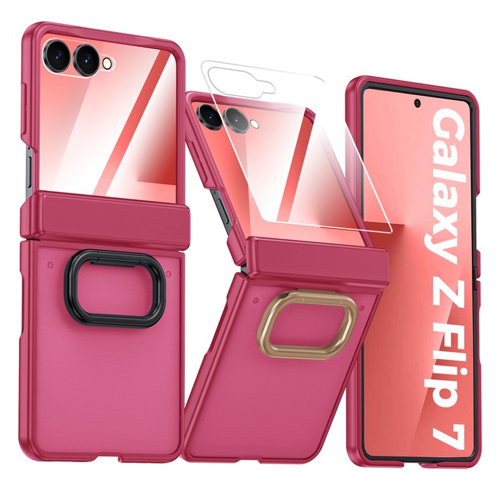Husa pentru Samsung Galaxy Z Flip 7, inel suport, design subtire, folie protectie ecran, anti-soc, semitransparenta mata, Rose Red
