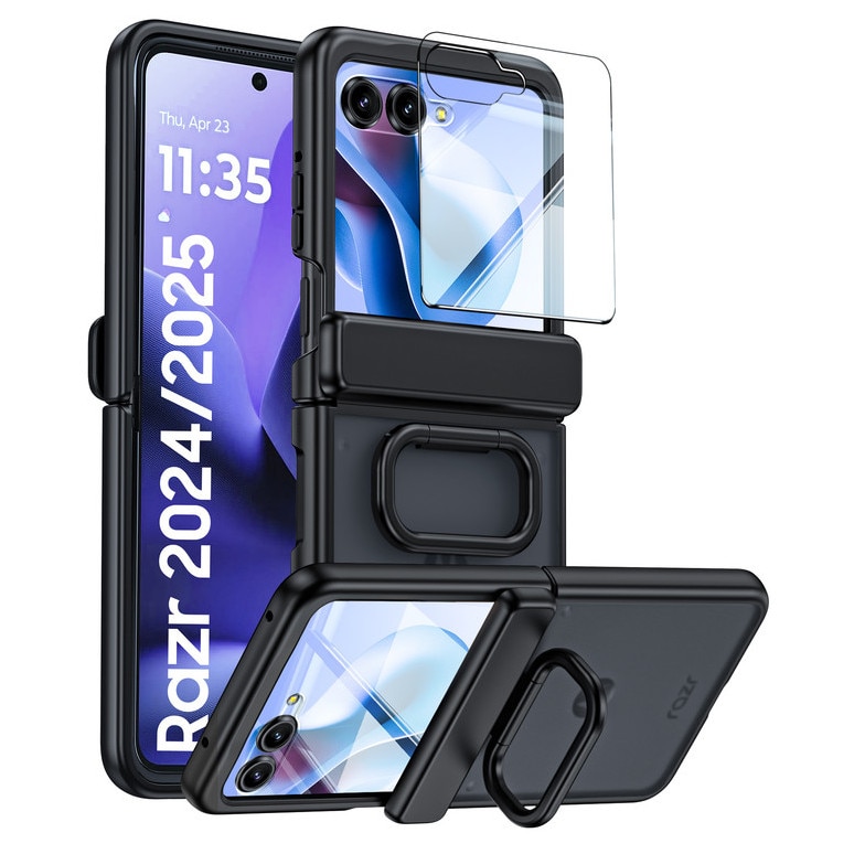 Husa pentru Motorola Razr 50 / Razr 60 2024-2025, cu inel suport, incarcare wireless, protectie balama si ecran, anti-soc, semitransparenta mata, Negru