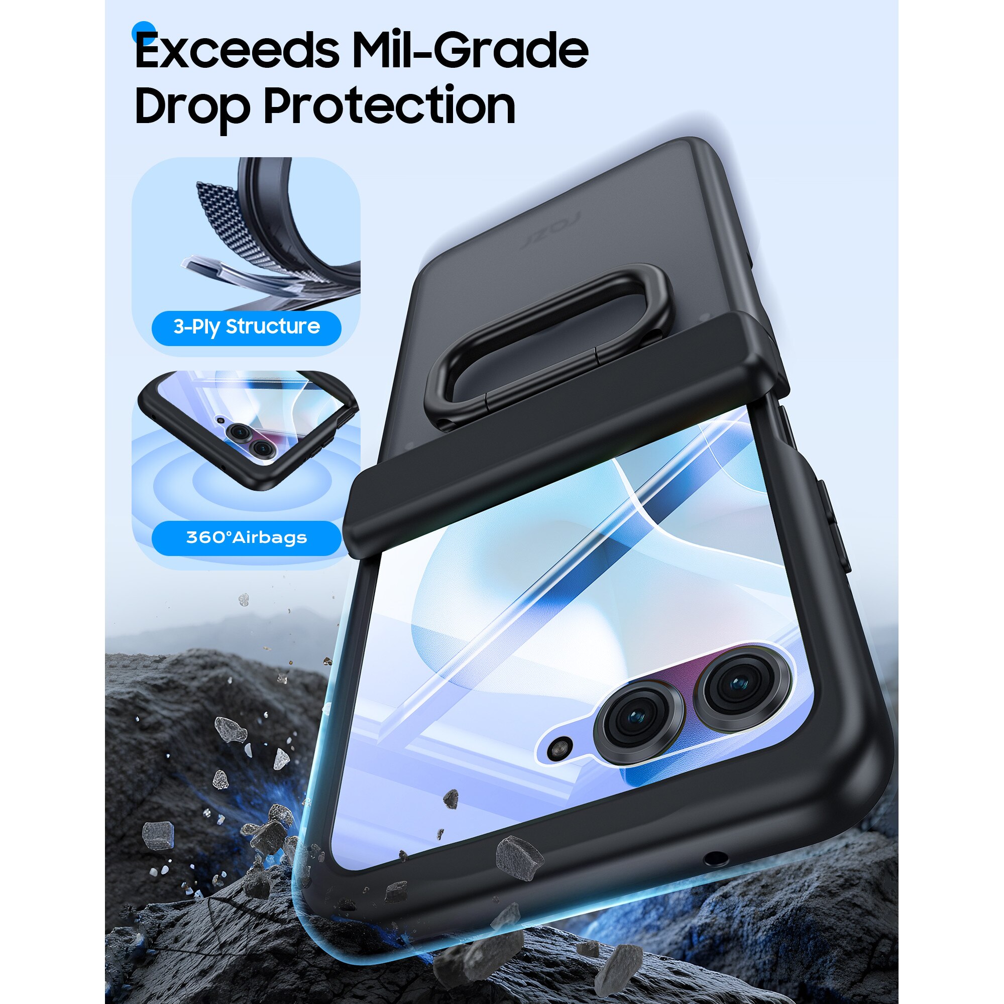Husa pentru Motorola Razr 50 / Razr 60 2024-2025, cu inel suport, incarcare wireless, protectie balama si ecran, anti-soc, semitransparenta mata, Negru