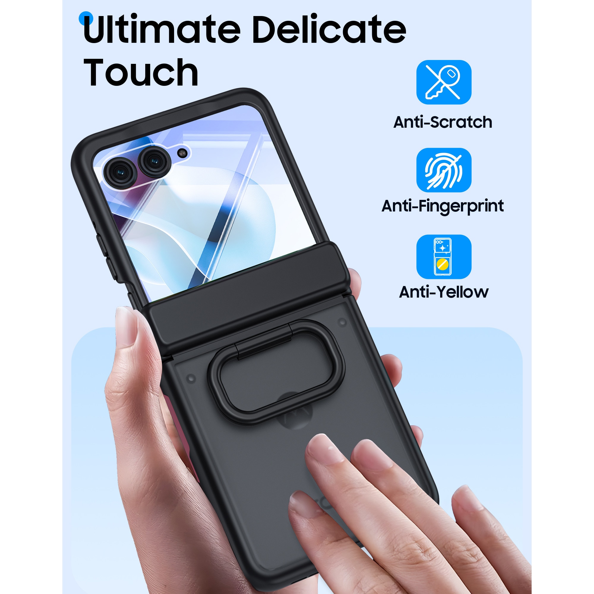 Husa pentru Motorola Razr 50 / Razr 60 2024-2025, cu inel suport, incarcare wireless, protectie balama si ecran, anti-soc, semitransparenta mata, Negru