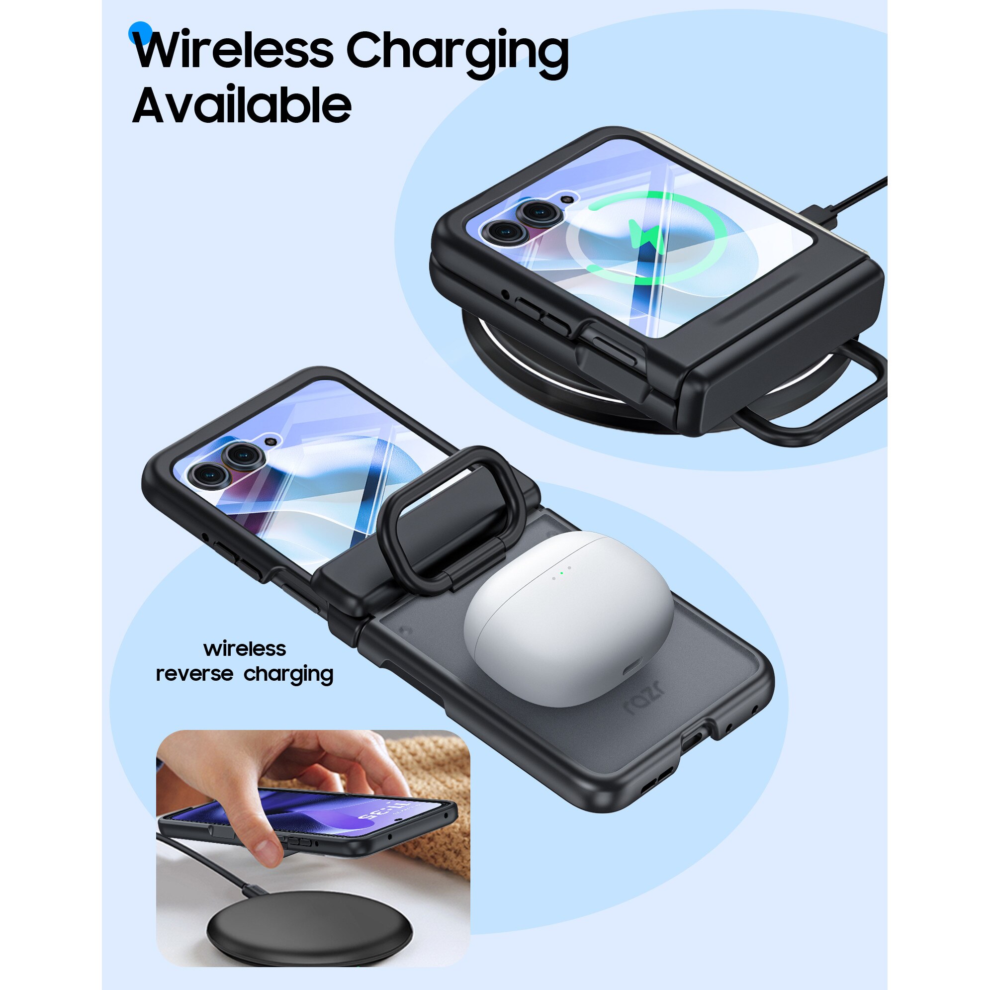 Husa pentru Motorola Razr 50 / Razr 60 2024-2025, cu inel suport, incarcare wireless, protectie balama si ecran, anti-soc, semitransparenta mata, Negru