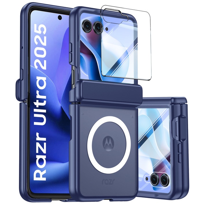 Калъф, съвместим с Motorola Razr 60 Ultra / Razr Ultra 2025, съвместим с MagSafe, защита на пантата и екрана, противоударен, полупрозрачен матов, Син