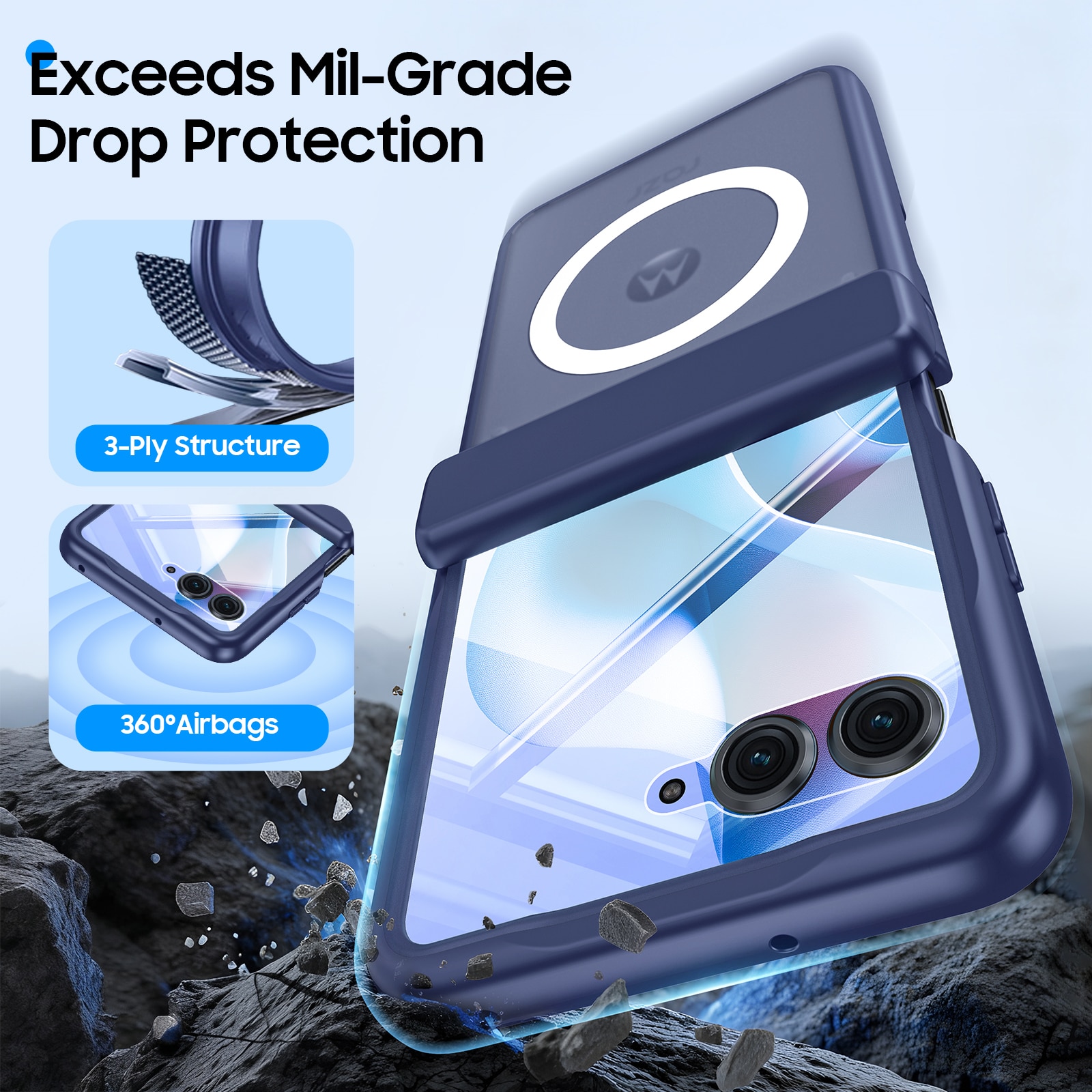 Husa Compatibil cu Motorola Razr 60 Ultra / Razr Ultra 2025, compatibila MagSafe, protectie balama si ecran, anti-soc, semitransparenta mata, Albastru