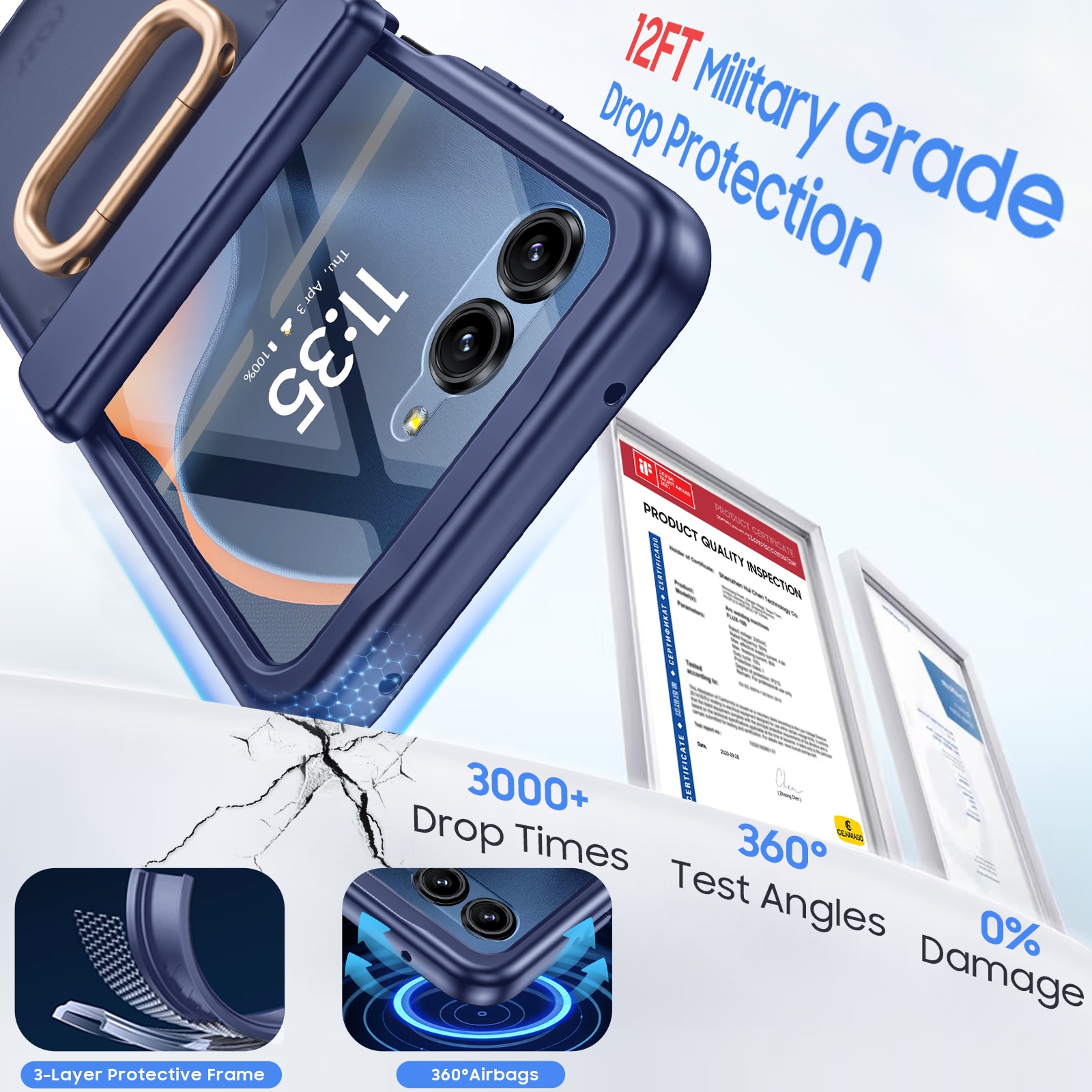 Husa pentru Motorola Razr 50 / Razr 60 2024-2025, cu inel suport, incarcare wireless, protectie balama si ecran, anti-soc, semitransparenta mata, Albastru