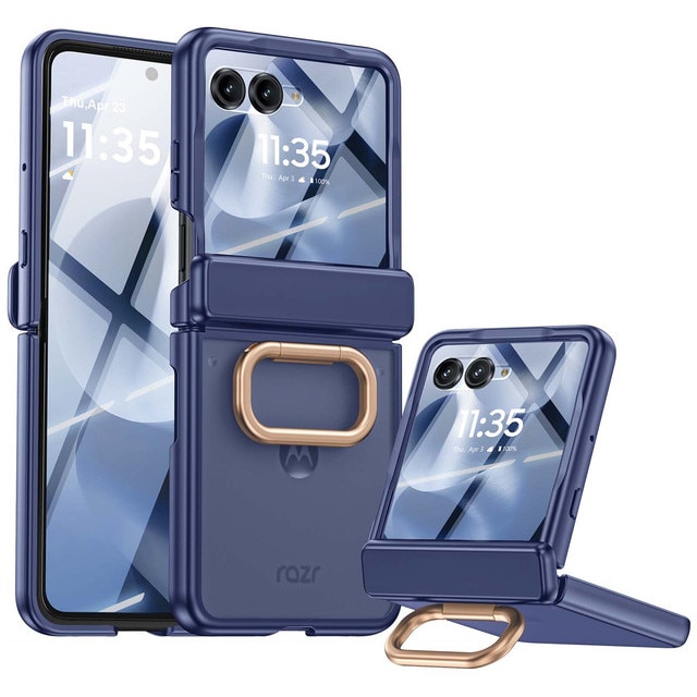 Husa pentru Motorola Razr 50 / Razr 60 2024-2025, cu inel suport, incarcare wireless, protectie balama si ecran, anti-soc, semitransparenta mata, Albastru