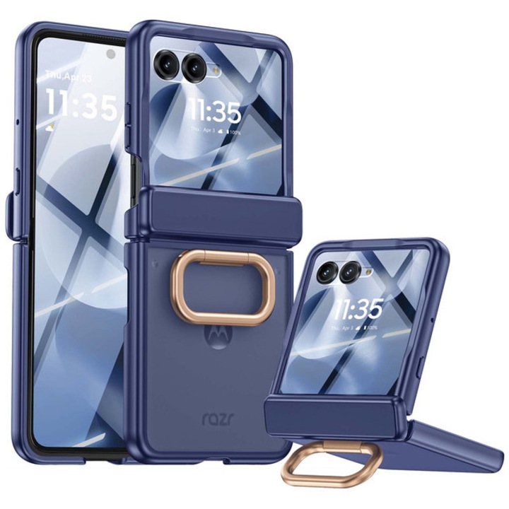 Husa pentru Motorola Razr 50 / Razr 60 2024-2025, cu inel suport, incarcare wireless, protectie balama si ecran, anti-soc, semitransparenta mata, Albastru