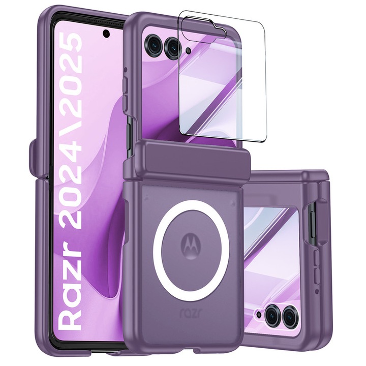 Калъф за Motorola Razr 50(2024)/60(2025), съвместим с MagSafe, защита на пантата, включено стъклено фолио, против удар, против надраскване, виолетов