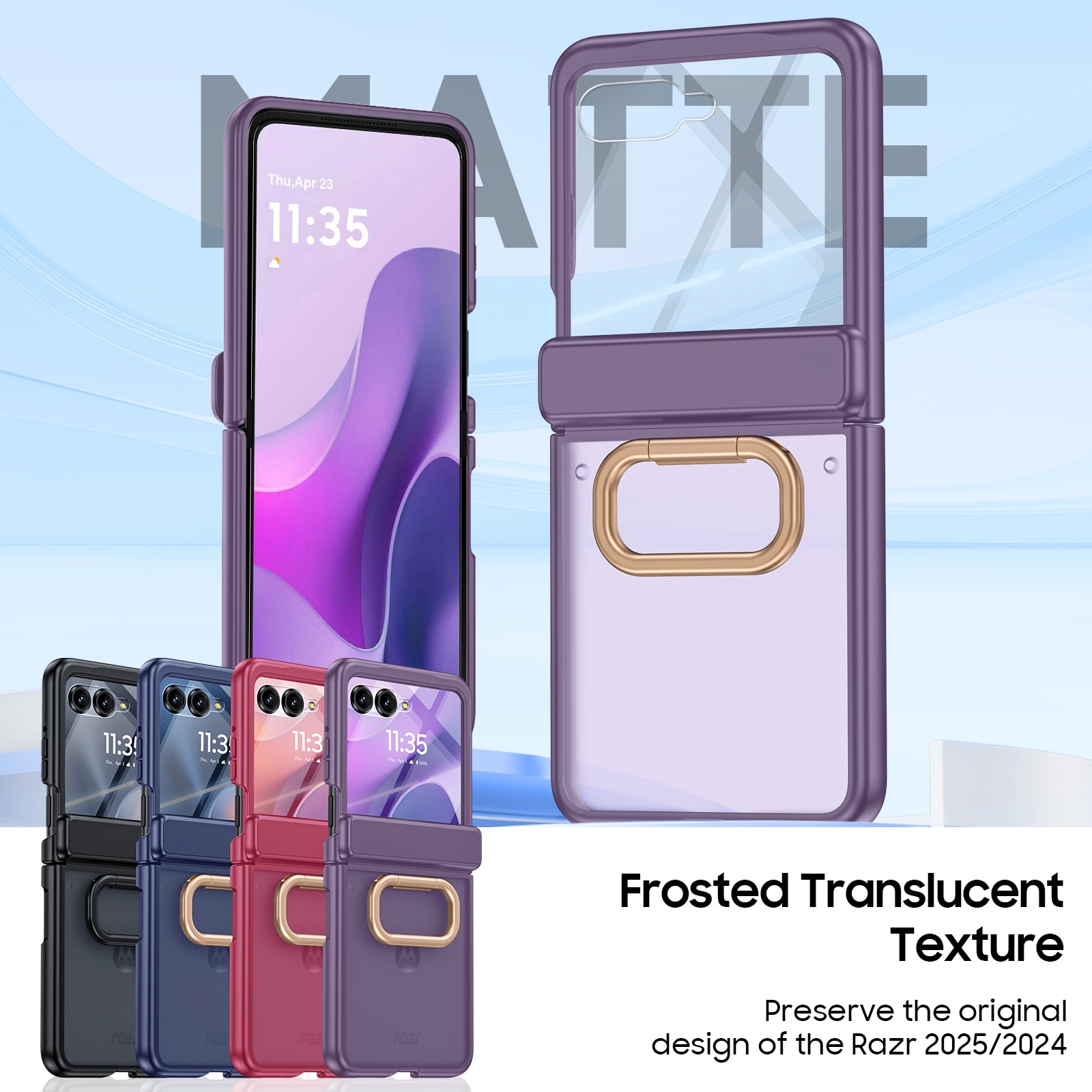 Husa pentru Motorola Razr 50/60(2024/2025), cu Protectie Balama, Inel Suport, Folie Ecran Exterior si Protectie Militara Antisoc, violet