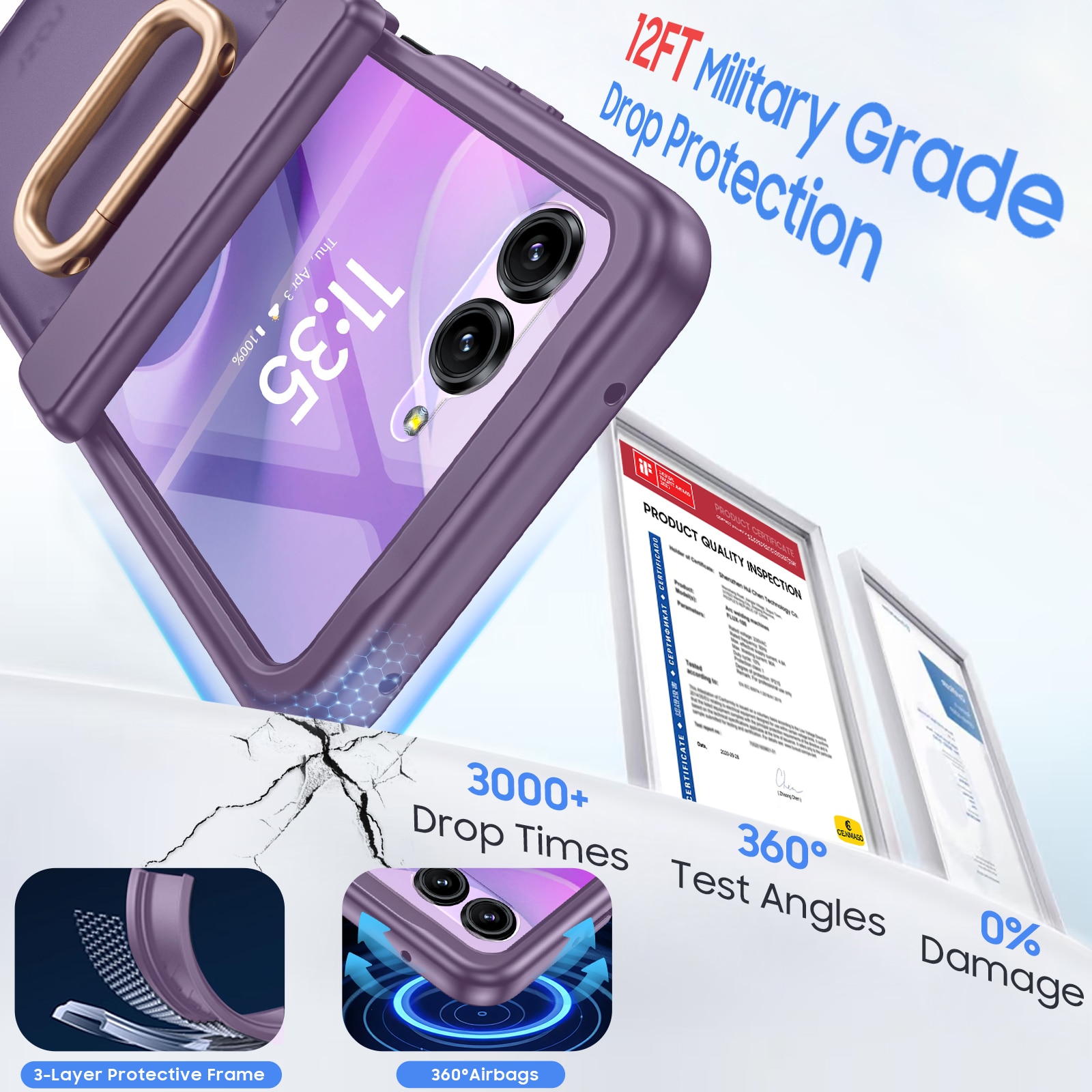 Husa pentru Motorola Razr 50/60(2024/2025), cu Protectie Balama, Inel Suport, Folie Ecran Exterior si Protectie Militara Antisoc, violet