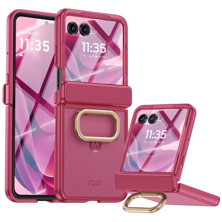 Husa pentru Motorola Razr 50 / Razr 60 2024-2025, cu inel suport, incarcare wireless, protectie balama si ecran, anti-soc, semitransparenta mata, Rose Red