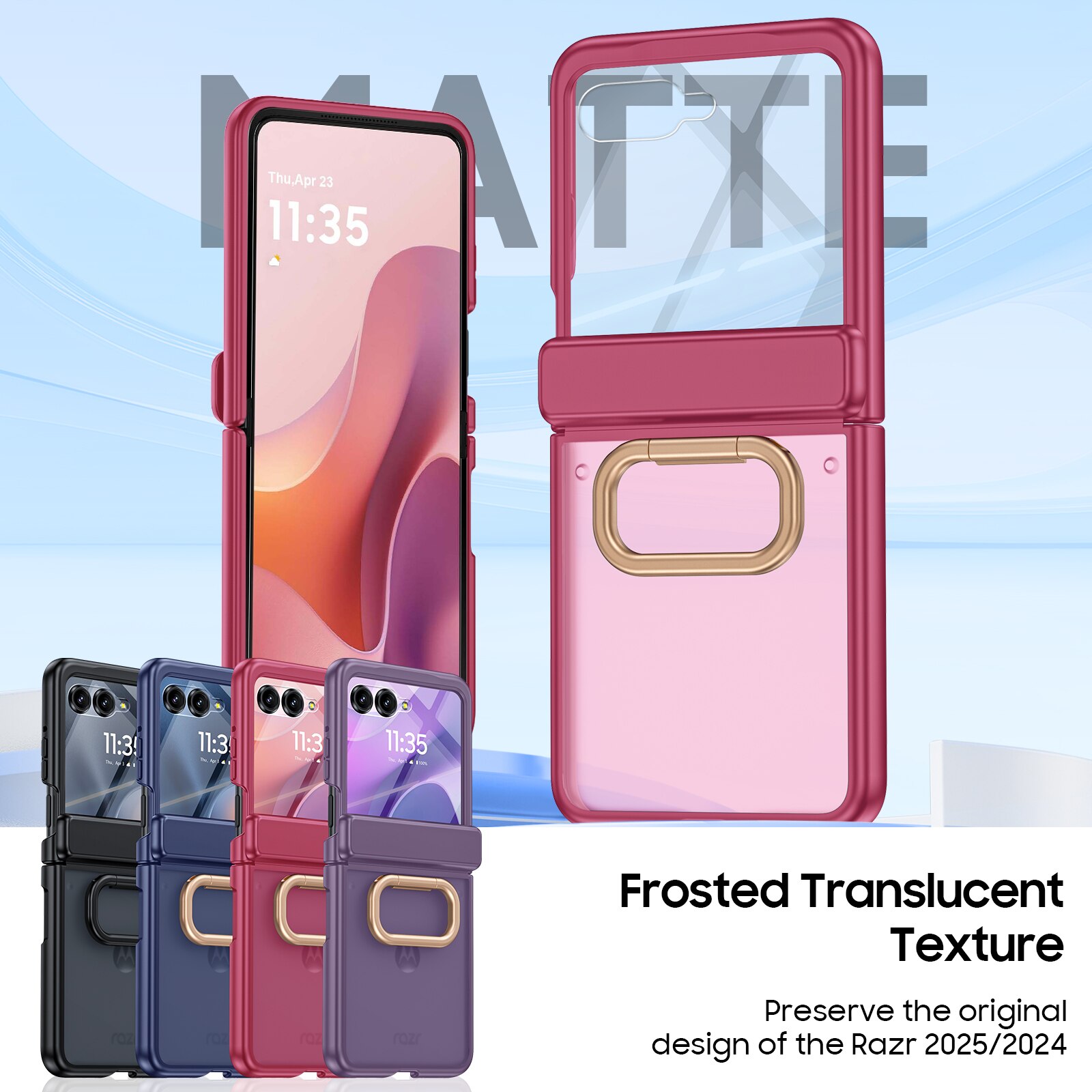 Husa pentru Motorola Razr 50 / Razr 60 2024-2025, cu inel suport, incarcare wireless, protectie balama si ecran, anti-soc, semitransparenta mata, Rose Red