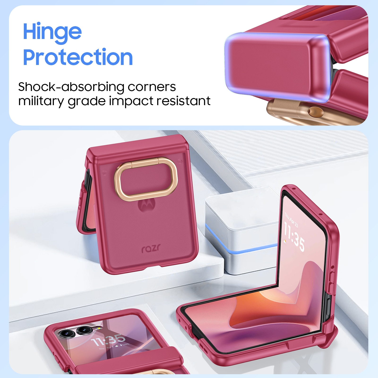 Husa pentru Motorola Razr 50 / Razr 60 2024-2025, cu inel suport, incarcare wireless, protectie balama si ecran, anti-soc, semitransparenta mata, Rose Red