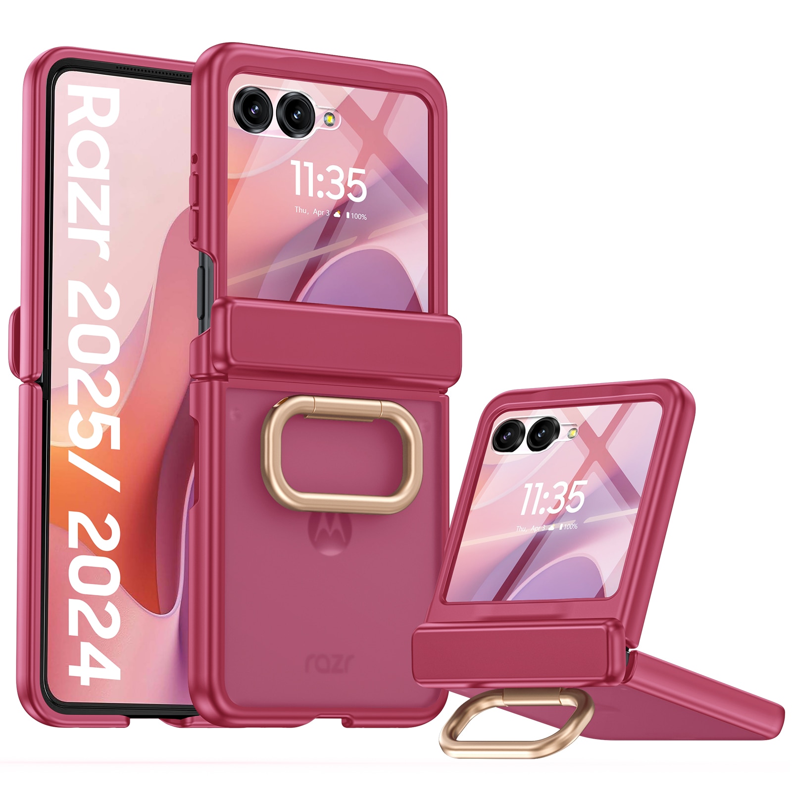 Husa pentru Motorola Razr 50 / Razr 60 2024-2025, cu inel suport, incarcare wireless, protectie balama si ecran, anti-soc, semitransparenta mata, Rose Red