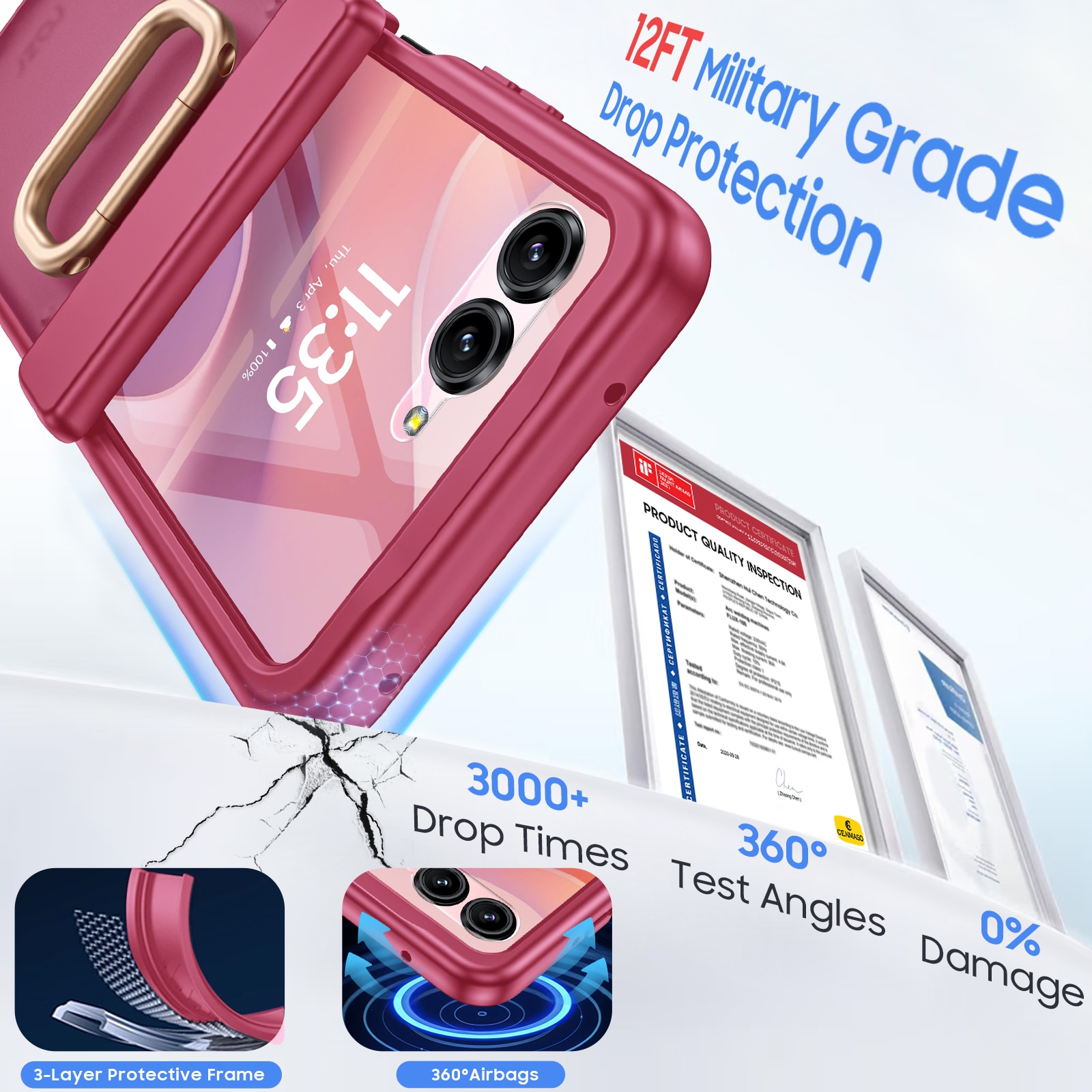 Husa pentru Motorola Razr 50 / Razr 60 2024-2025, cu inel suport, incarcare wireless, protectie balama si ecran, anti-soc, semitransparenta mata, Rose Red