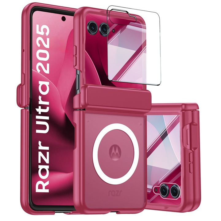 Husa pentru Motorola Razr 60 Ultra / Razr Ultra 2025, compatibila MagSafe, protectie balama si ecran, anti-soc, mat semitransparenta, Rose Red