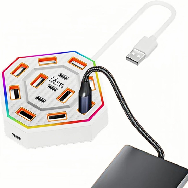 RGB dokkolóállomás, 13 nagy sebességű port, kompakt és hordozható, fehér, 9.5x9.5 cm