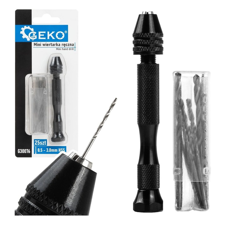 Mini kézi fúrógép 25 darabos HSS fúrókészlettel, Geko G30076