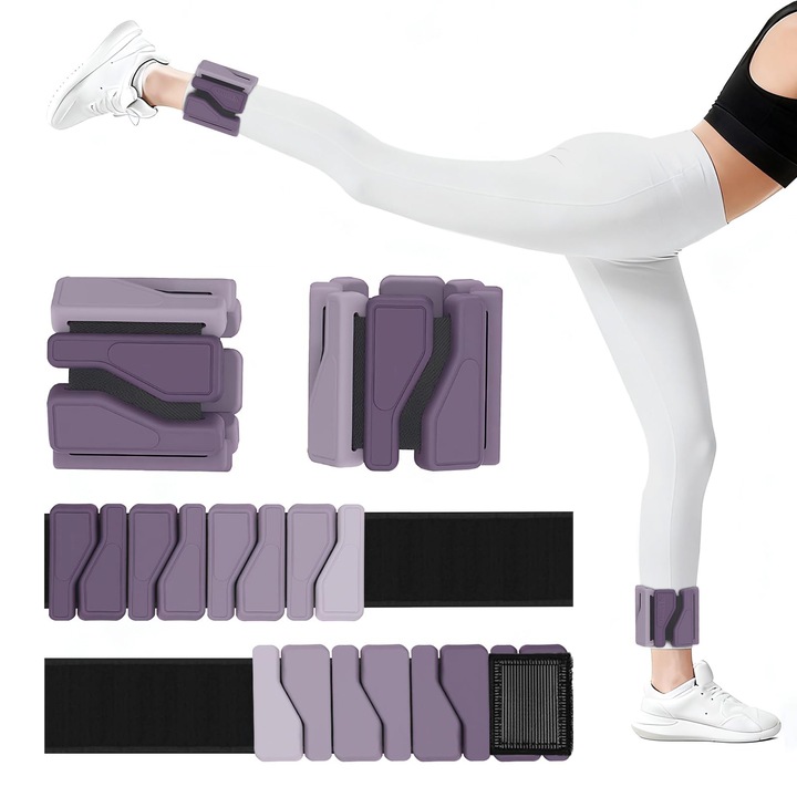 Set 2 Greutati pentru Incheieturi si Glezne, 2 x 0.45kg, Silicon Premium, Reglabile cu Velcro, pentru Fitness, Yoga, Pilates si Alergare, Mov