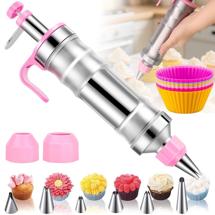Set seringa ornat profesionala, Decorare Prajituri.304inox, cu 6 duze, 9 Forme de tort .sigur, de calitate alimentara, durabil.Proiecteaza diverse modele pentru a adauga nota finala deserturilor tale si a le face si mai delicioase.11.2 in, 320ml, Roz