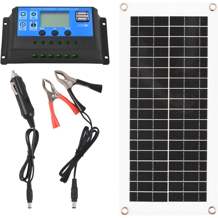 Kit panou solar de 20W 12V cu panou solar din siliciu policristalin de inalta eficienta si controler PWM de 300W 60A pentru autorulota/caravana