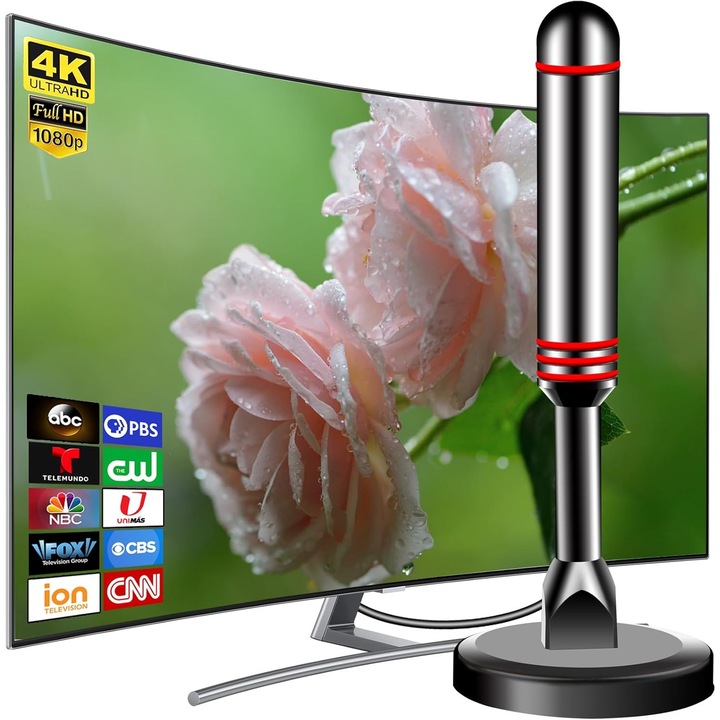 Antena TV de interior pentru televizoare inteligente, antena HDTV digitala 2025 cu baza magnetica puternica, receptie 360° si raza lunga de actiune pentru canalele locale, instalare usoara fara cablu