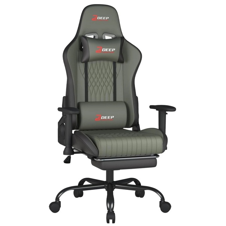 Scaun Gaming, TOP SCAUNE®, Scaun Gaming Ergonomic Cu Masaj Lombar Vibrator, Suport Picioare Extensibil Rabatabil, Cotiere 2D Reglabile, Spatar Reclinabil 155°, Piele PU Premium, Baza Metalica Rezistenta, Roti Silentioase, Gri