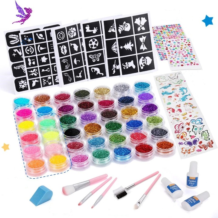 Set tatuaje cu sclipici, Vopsea pentru corp, De lunga durata, Sclipitor, Bland cu pielea, Nr. 42 Glitter, Albastru deschis