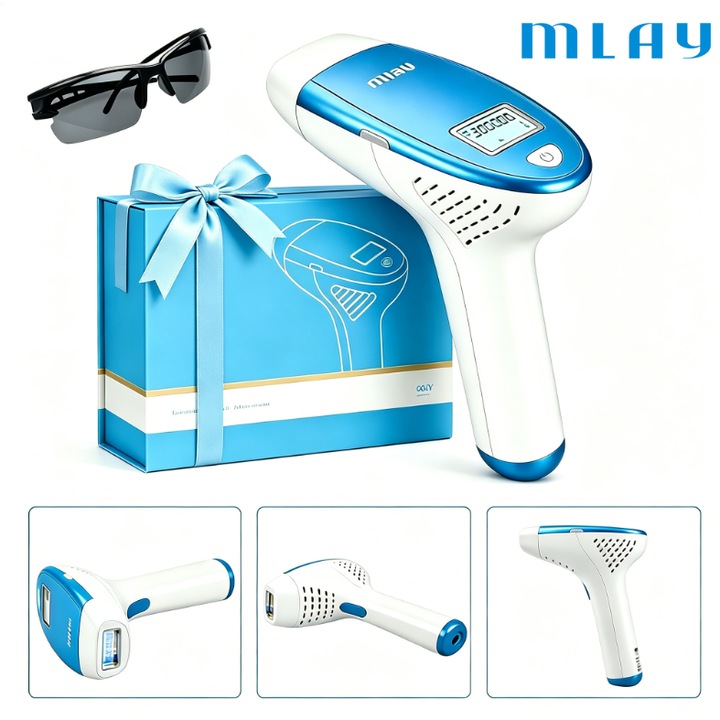 Епилатор IPL Mlay® M3, Апарат за лазерна епилация, Професионална IPL технология, LCD дисплей, SmartSkin сензор за кожа, Трайна епилация, За лице, С дисплей, Ръце, Подмишници, Интимна зона, Крака, Син