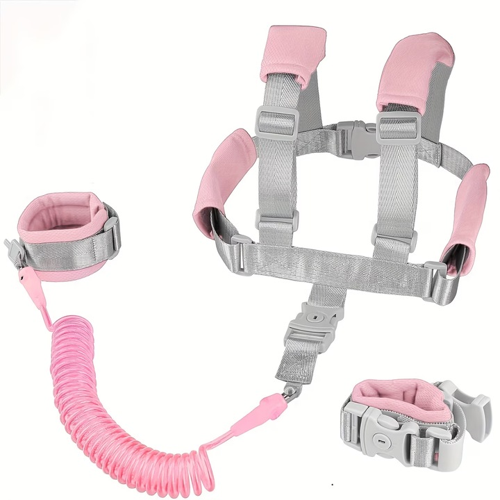 Set ham de prevenire pierdere copii, cu ham reglabil si franghie de tractiune 1.5m, doua moduri de utilizare, Roz