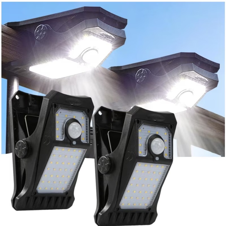 Комплект 2 соларни LED лампи с 45 LED диода всяка, Бърз монтаж с щипка без винтове, Смарт сензор за движение и автоматичен режим на включване през нощта, Степен на защита IP65, Устойчиви на атмосферни влияния