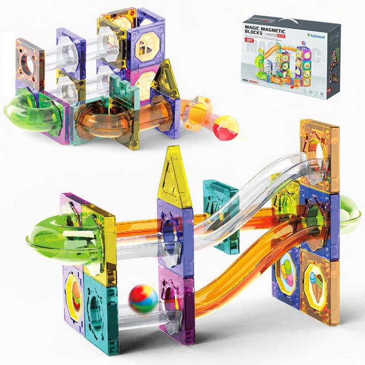 Set de constructie cu placi magnetice, Yulinland, 73 piese, Jucarie educativa, Magneti Puternici, Traseu cu Bile, Numeroase Posibilitati de Construit, Nu contin BPA, Multicolor
