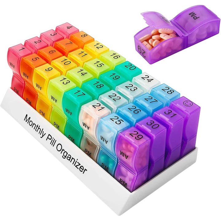 Organizator lunar de pastile, organizator de medicamente, organizator de pastile pentru 31 de zile, de doua ori pe zi, cutie pentru pastile de dimineata pentru o luna, cutie de pastile de calatorie pentru 4 saptamani, portabil
