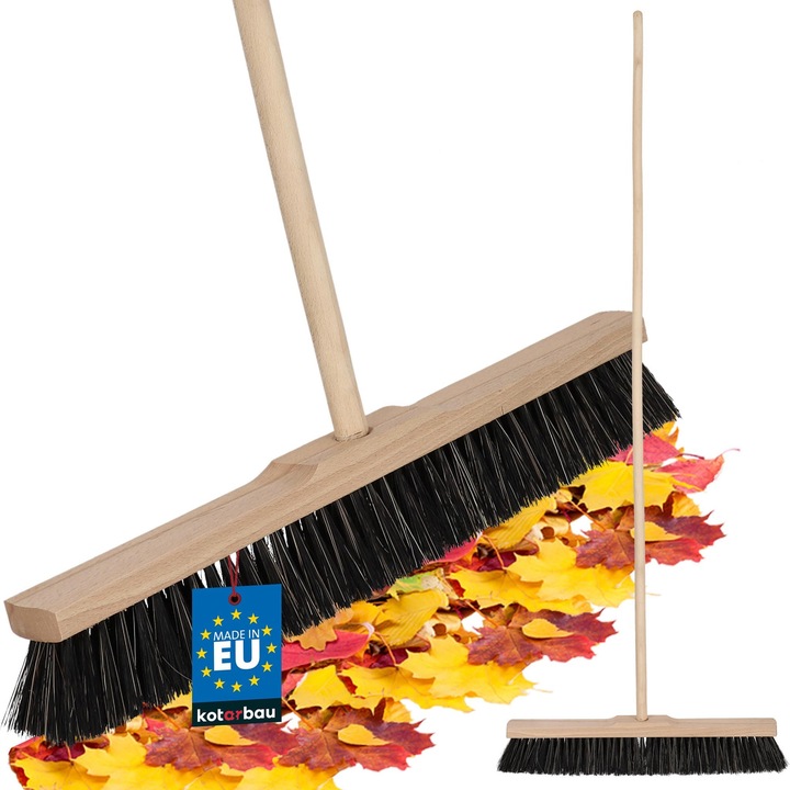 KOTARBAU® Perie-matura, 50 cm, maro, cu maner din lemn, matura de strazi, perie pentru terasa, pentru interior si exterior, din lemn de fag