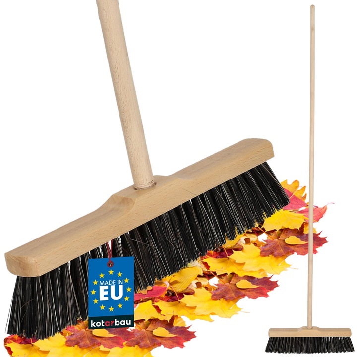 KOTARBAU® Perie-matura, 35 cm, maro, cu maner din lemn, matura de strazi, perie pentru terasa, pentru interior si exterior, din lemn de fag