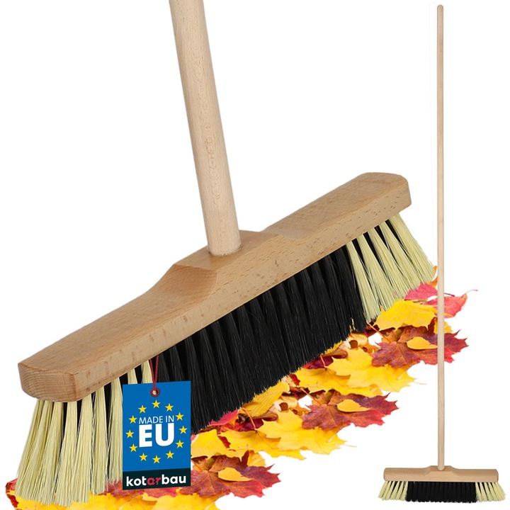 KOTARBAU® Perie-matura, cu maner din lemn, 35 cm, maro, matura de strazi, perie pentru terasa cu peri tari, lemn de fag si nailon, maro negru natural
