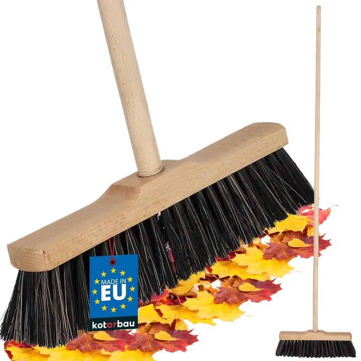 KOTARBAU® Perie-matura, 30 cm, maro, cu maner din lemn, matura de strazi, perie pentru terasa, pentru interior si exterior, din lemn de fag