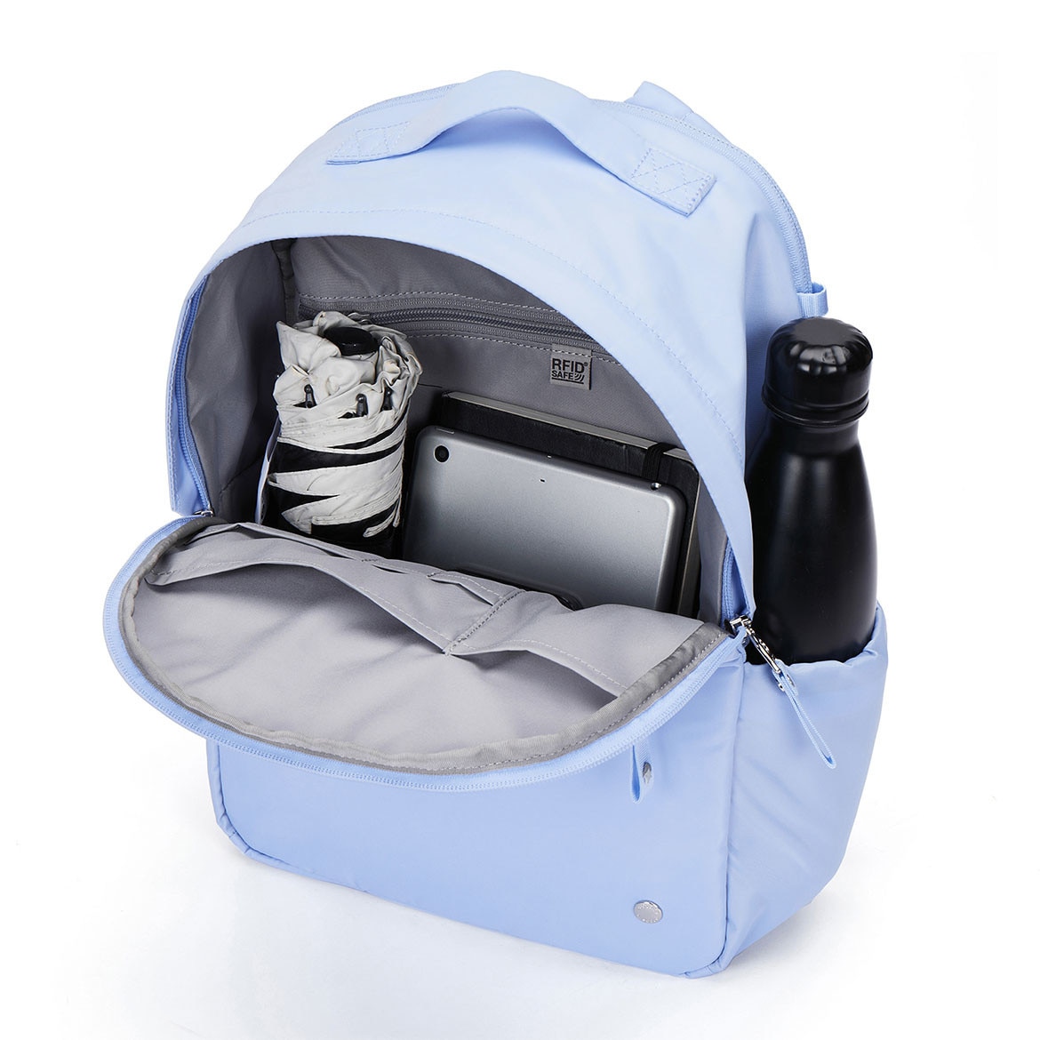 Rucsac antifurt dama Pacsafe W 10L, protectie RFID, compartiment pentru tableta 13”, albastru pastel