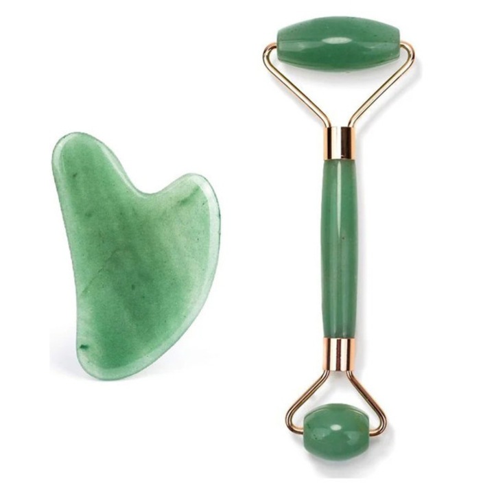 Roller Facial & Gua Sha – Set Ritual Masaj Facial Zilnic, Verde