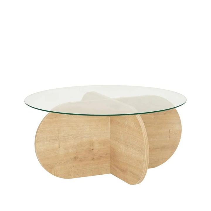 Re-Bloom - Masa cafea rotunda, 75x75x35 cm, edzett üveg asztallap 100%, 18mm-es forgácslap váz, zafír tölgy felület