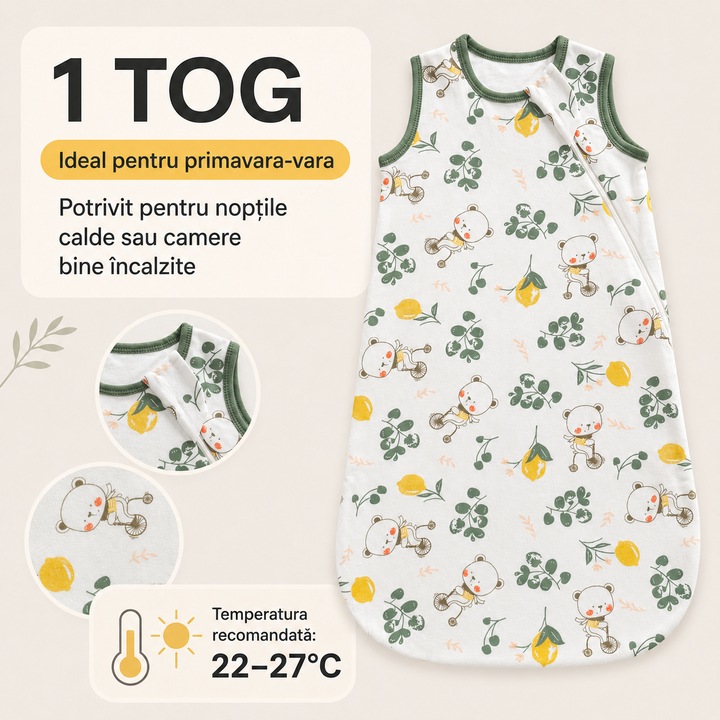 Sac de Dormit de Vara pentru Nou-Nascuti si Bebelusi, 0-6 luni, 1 TOG, 100% Bumbac Moale, Fermoar bidirectional, Fara Maneci, Imprimeu Ursulet