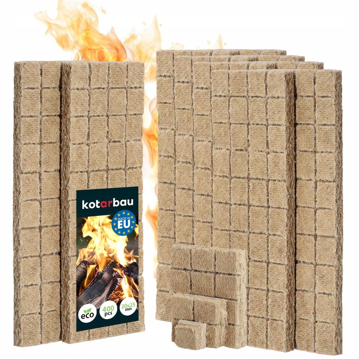 KOTARBAU® Set de 400 de bucati cuburi pentru aprins focul, vata de lemn, 25 x 8 x 13 cm, natural, aprindere pentru gratar, semineu, cuptor cu lemne